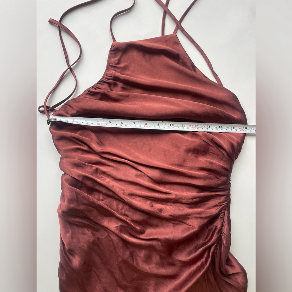 Shona Joy Thalia Gathered Bias Midi Dress Size 6 | Rust Satin Open Back Formal - Picture 4 of 8